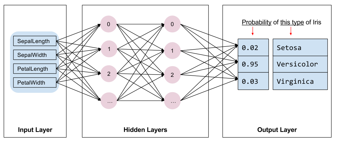 Un diagramma dell'architettura di rete: ingressi, 2 livelli nascosti e uscite