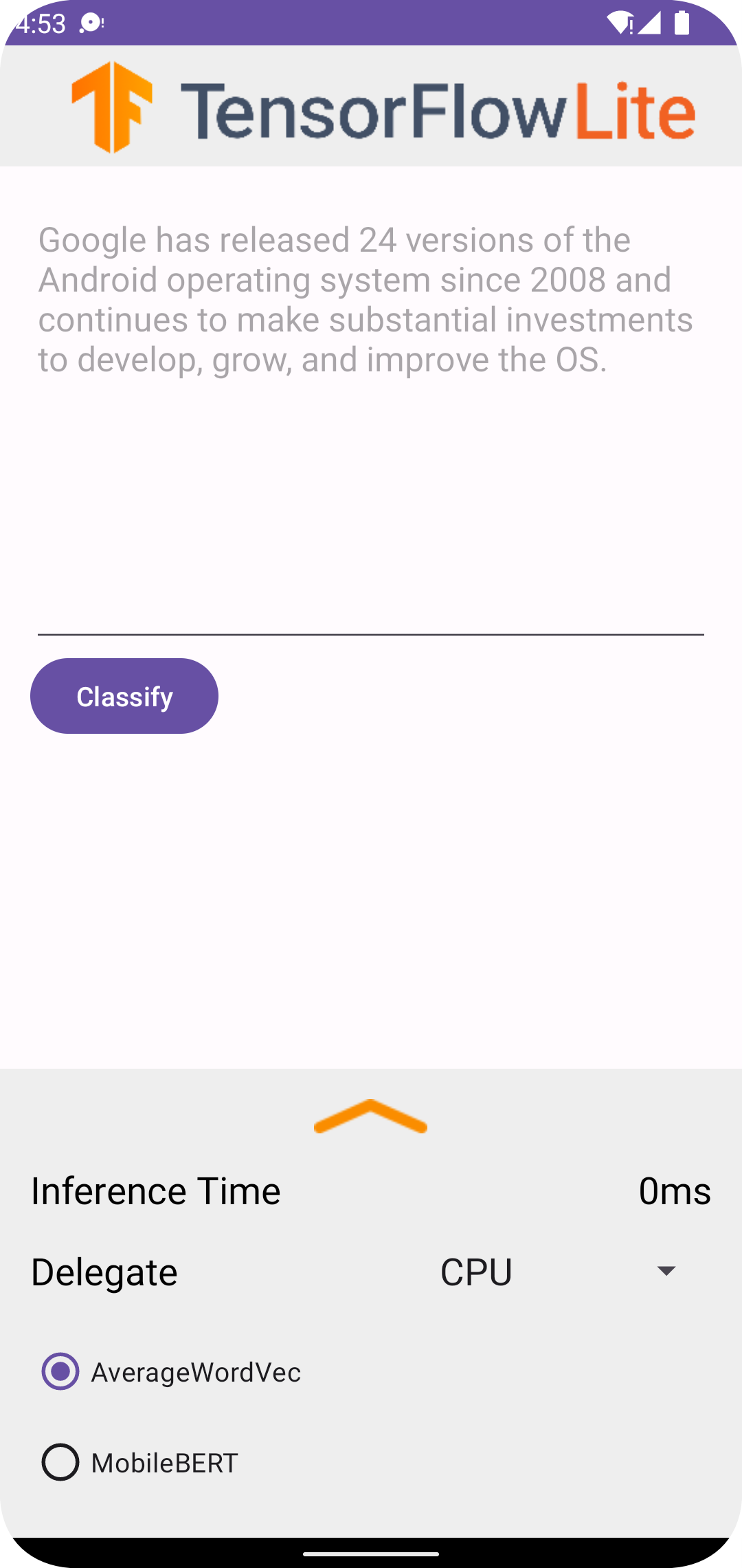 Text classification example app in Android
