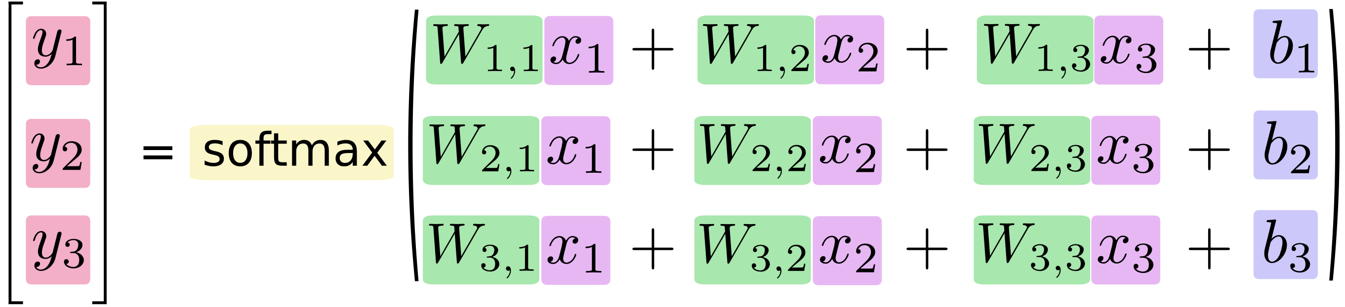 [y1，y2，y3] = softmax（W11 * x1 + W12 * x2 + W13 * x3 + b1，W21 * x1 + W22 * x2 + W23 * x3 + b2，W31 * x1 + W32 * x2 + B3）