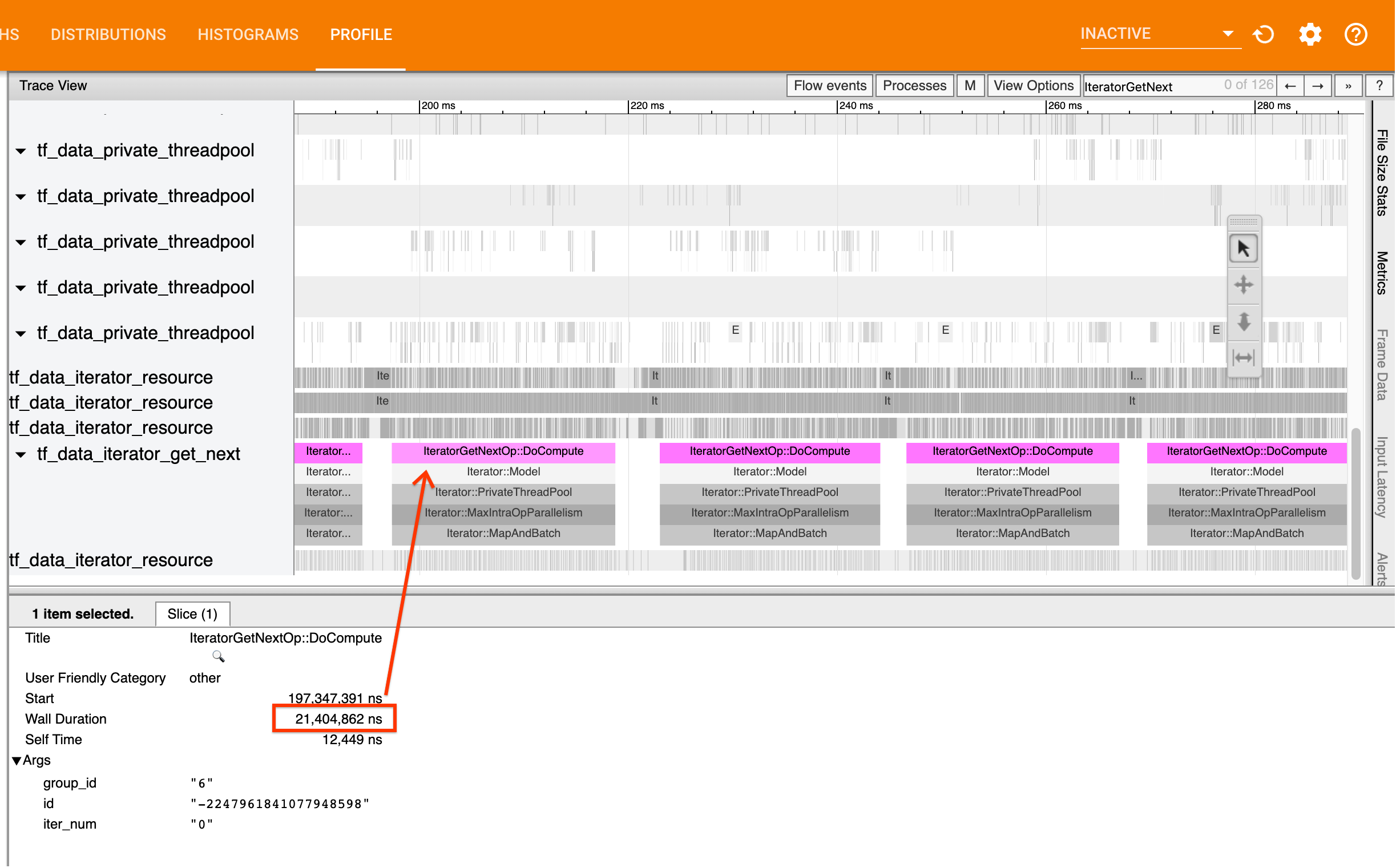 If your IteratorGetNext::DoCompute calls return slowly, `tf.data` is not producing data quickly enough. image
