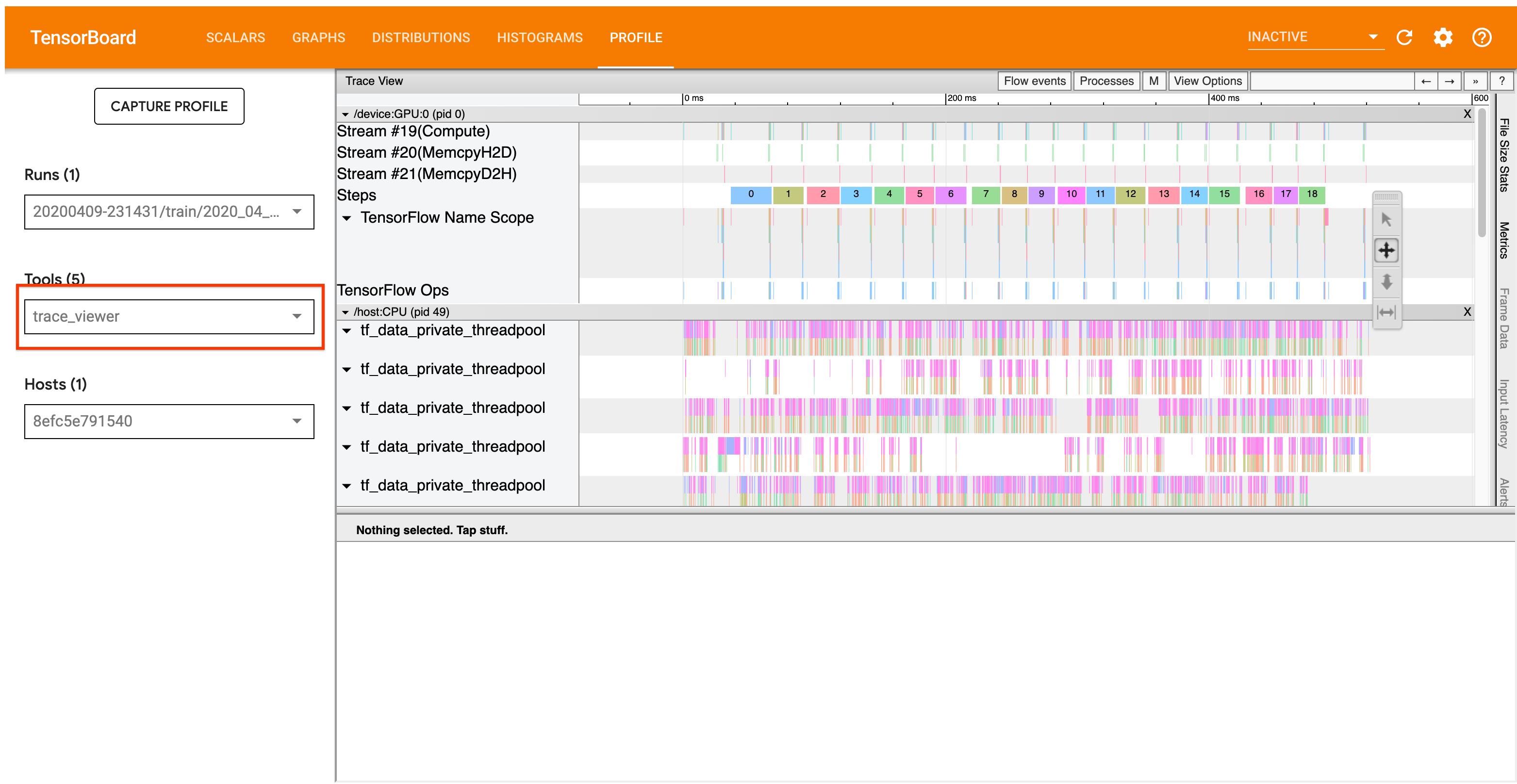 The trace viewer page of the TensorFlow Profiler TensorFlow Trace Viewer
