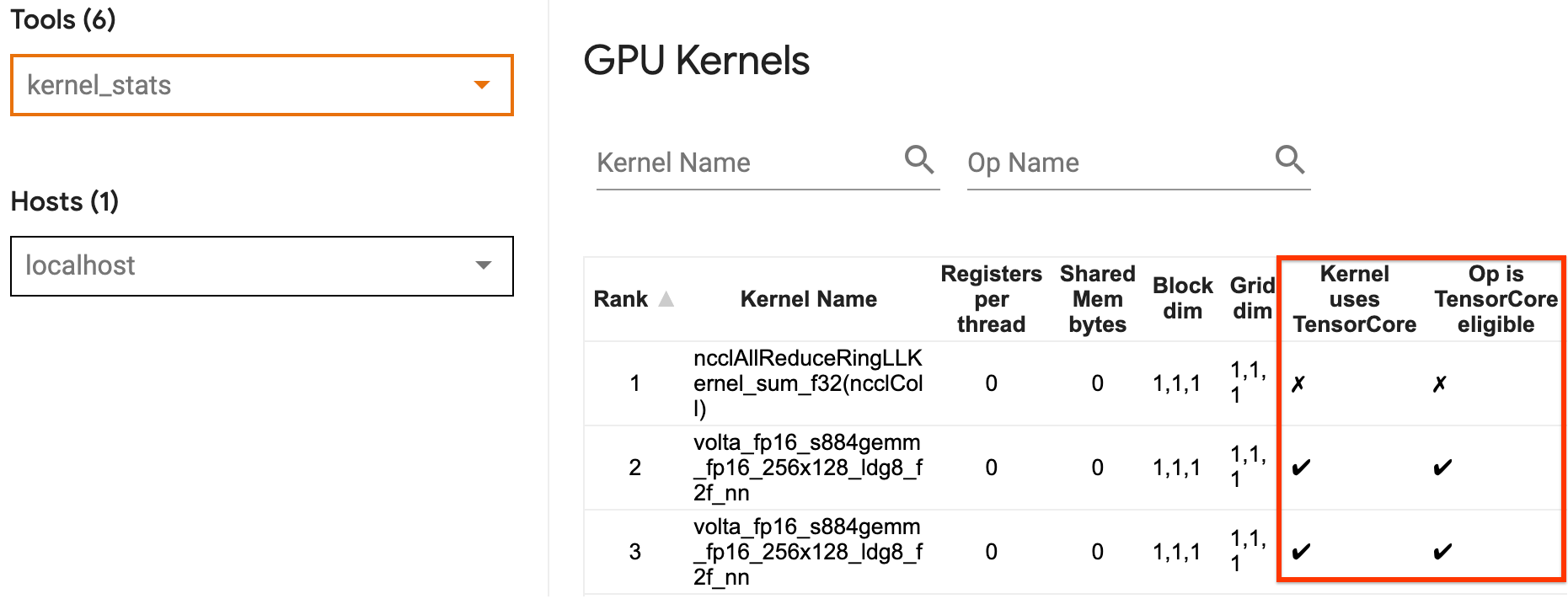 Страница статистики ядра графического процессора профиля TensorFlow image