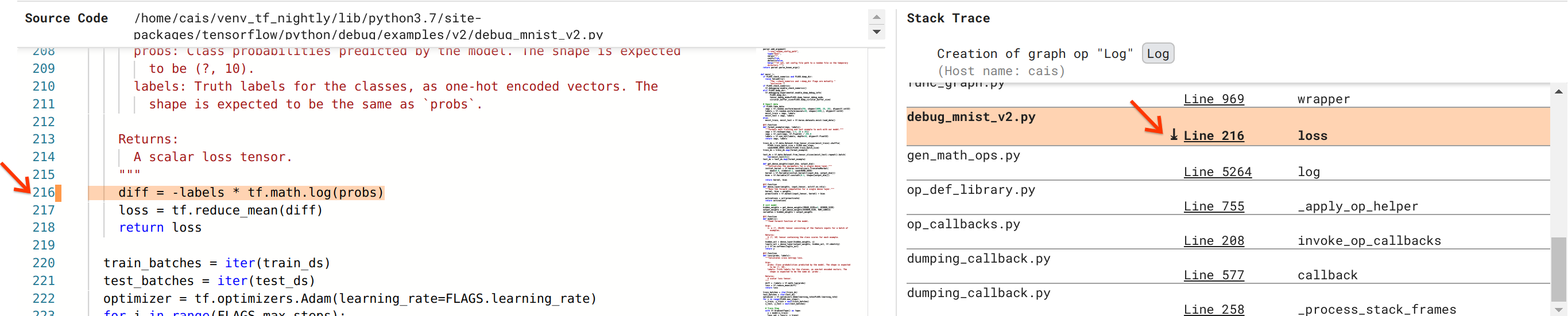 Debugger V2: codice sorgente e analisi dello stack